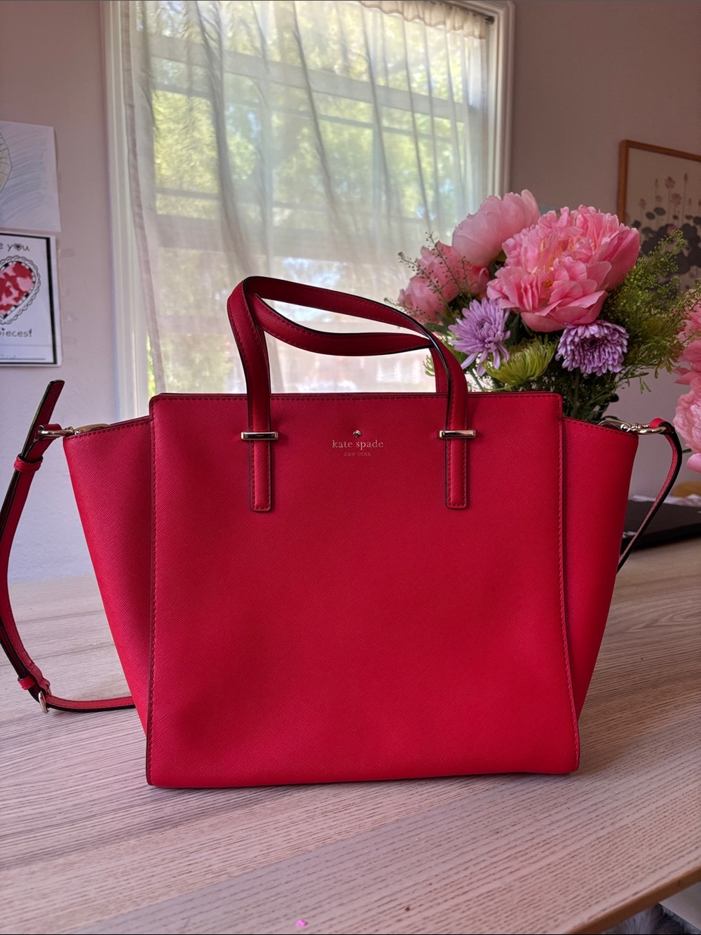 kate spade Red Saffiano Leather Tote with Removable Strap